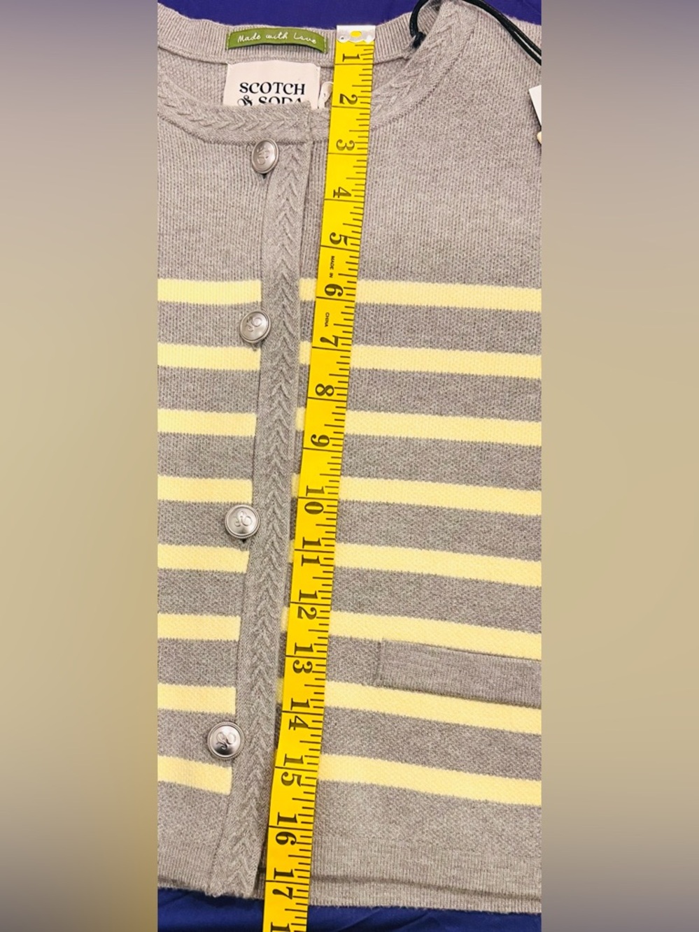 Scotch & Soda Amsterdam Striped Cardigan XS Gray Yellow Button Front NWT - Picture 8 of 9